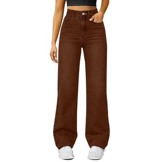 Generic Womens Stretch Denim Jeans Elasticated High Waist Wide Leg Trousers Straight Leg Baggy Pull On Bootcut Flare Casual Streetwear with Pockets Brown