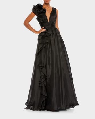 Mac Duggal Ruffle Deep V-Neck Chiffon Gown