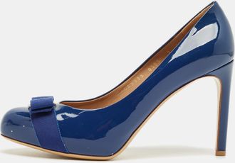 Ferragamo Blue Patent Leather Vara Bow Pumps