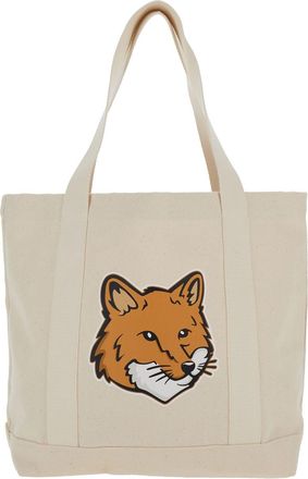 Maison Kitsuné White Tote Bag With Fox Head Patch In Cotton Canvas Woman