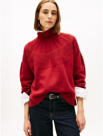 Tommy Hilfiger Womens Tonal Fair Isle Mockneck Wool Sweater - Red - L