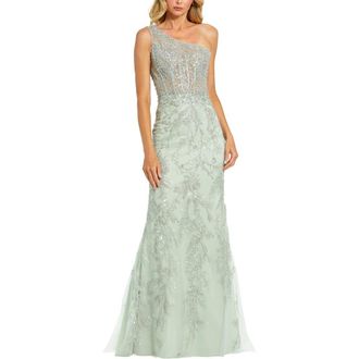 Mac Duggal Embellished One-Shoulder Corset Bodice Column Gown in Sage at Nordstrom, Size 12