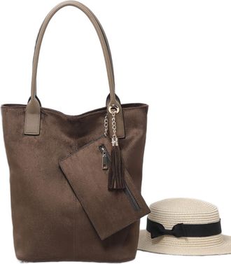 Generic Suede Tote Bag with Tassel, Shoulder Handbag with Pouch, Available in Black, Coffee, Camel, Dark Green (D.Green)