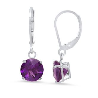 MAX + STONE 10K White Gold Round Checkerboard Cut Gemstone Leverback Earrings (8mm)