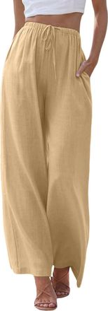 Generic Linen Trousers Womens Long Leg Summer Palazzo Pants High Waisted Wide Leg Pants Casual Ladies Summer Loose Fit Beach Trousers Flowy Elastic Waist (Kha