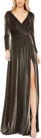 Mac Duggal Long Sleeve Faux Wrap A Line Gown