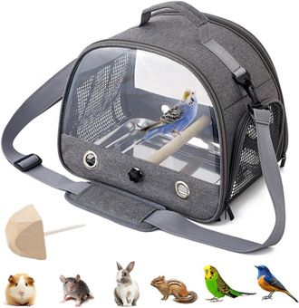 OEM Mochila Ligera Para P&aacute;jaros Con Percha De Madera, Jaula De Transporte Con Soporte Y Bandeja De Acero Inoxidable - Gris