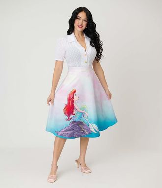 Unique Vintage Retro Style High Waist Vivien Swing Skirt in White Mermaid Print at Nordstrom, Size X-Large