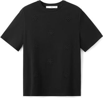 Mango Floral Embroidered Cotton Tee in Black at Nordstrom, Size X-Small