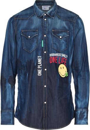 Dsquared2 logo-print detail denim shirt - men - Elastane/Cotton - 48 - 470 NAVY BLUE