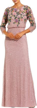 Mac Duggal Floral Embellished Long Sleeve Gown in Vintage Lilac Multi at Nordstrom, Size 16