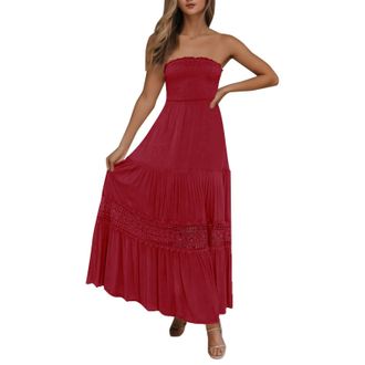 Generic Maxi Dresses for Women UK Strapless Lace Trim Elastic Wrap Chest Solid Color Ruffle Dress Beach Vacation Cover Ups Off Shoulder Bohemian Summer Sleeve
