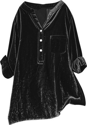 Generic Womens Autumn Winter Velvet Shirts Retro Long Sleeve V Neck Sexy Blouses Work Business Formal Shirt (Black, XL)