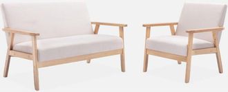 Alice's Garden Alices Garden - Banco y sillón de madera y tela, 3 plazas, Isak, Beige, 114x69.5x73 cm