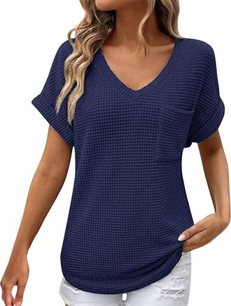 Generic Waffle Knit Tops for Women V Neck Short Sleeve Basic Solid Tee Shirts Casual Loose Fit Blouses(Navy, L)