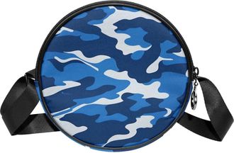 Generic Circle Crossbody Bag for Women, Blue Camouflage Small Sling Bag Daypack with Zipper Adjustable Shoulder Straps Casual Ladies Girls Round Purse