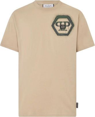 Philipp Plein Tops, Heren, Beige, XL, Katoen, Ronde Hals T-Shirt Spray Hexagon