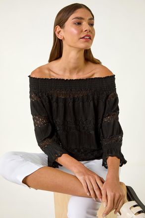 Roman Lace Insert Frill Bardot Top