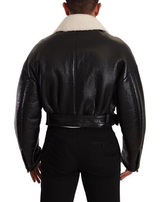 Dolce & Gabbana Mens Black Leather Shearling Biker Coat Jacket Clothing