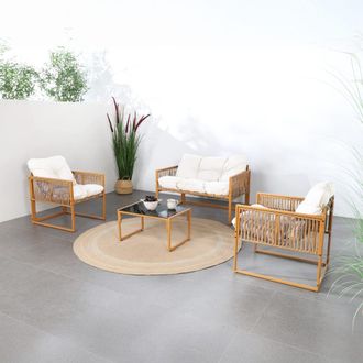 Concept Usine Mueble de jardín de 4 plazas efecto ratán con cojines blancos