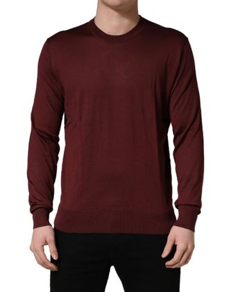 Dolce & Gabbana Maroon Silk Men Crew Neck Pullover Mens Sweater