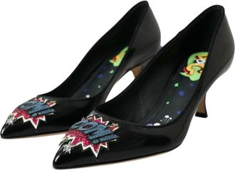 Dolce & Gabbana Womens Embroidered Patch Pump Black Leather