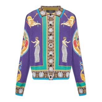 Versace Cardigans, male, Purple, Size: L Silk cardigan with print