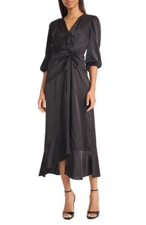 Donna Morgan Front Tie Satin Midi Dress in Black at Nordstrom Rack, Size 12