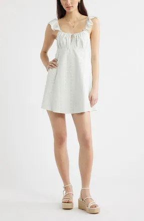 BP. Eyelet Embroidery Flutter Sleeve Minidress in Green Cloud at Nordstrom, Size Xx-Small