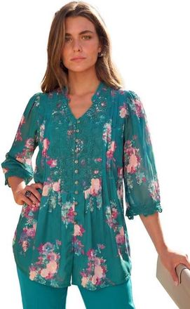 Roaman's Plus Size Juliet Lace Trim Button Down Shirt in Teal Watercolor Bouquet at Nordstrom, Size 34