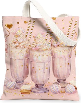 Generic Vintage Peach Sweets Canvas Tote Bags, Fanciful Dessert Pattern Reusable Shopping Bags, Lightweight Washable Shoulder Strap, Peach, 13x15 Inch