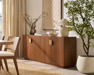 Castlery Sloane Sideboard, 70.9, Walnut by Castlery - Brown Finish, Adjustable Shelves, Fluted Panels, Brushed Brass Accents