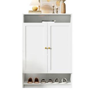 STILVORA Mueble Zapatero Con 2 Puertas, Estantes Ajustables Y Huecos Abiertos, En Tablero De Part&iacute;culas, 73&times;34&times;109 Cm, Blanco