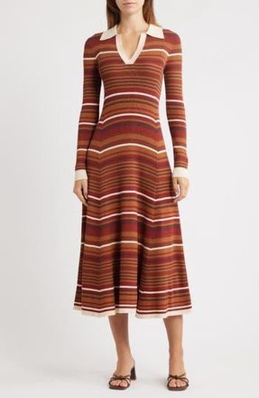 Moon River Stripe Long Sleeve Midi Sweater Dress in Beige Multi at Nordstrom Rack, Size Large