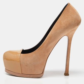 Saint Laurent Saint Laurent Beige Suede and Patent Leather Cap Toe Tribtoo Platform Pumps Size 39