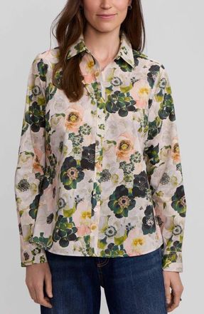 Foxcroft Hampton Bouquet Print Cotton Button-Up Shirt in Green/white Multi at Nordstrom, Size X-Large