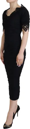 Dolce & Gabbana Womens Black Sheath Midi Bodycon Lace Silk Dress