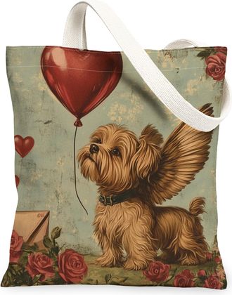Generic Valentines Day Labradoodle Dog Canvas Tote Bag for Shopping 13x15, Vintage Puppy Reusable Grocery Print Bag for Women, Retro Lover Beach Aesthetic Pai