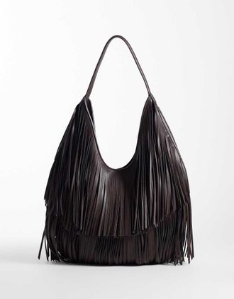 Asos tote con scollo a barchetta e frange extra lunghe color cioccolato-Nessun colore