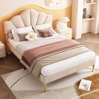 Merax Shell-Like Velvet Upholstered Double Bed with Adjustable Headboard in Beige