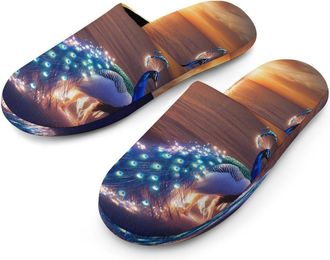 Generic Peacock Beach Sunset Mens Cotton Slippers Memory Foam Comfort House Shoes Winter Indoor Slipper for Hotel Casa Spa