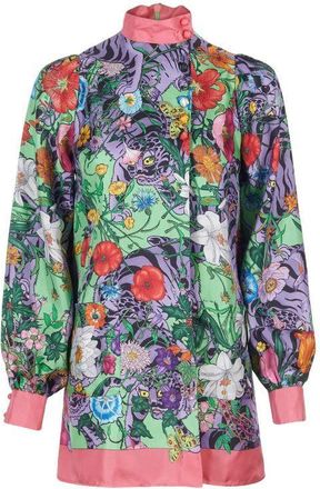Gucci Flora Tiger Printed Silk Tunic Blouse Size S