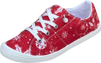 Generic Fashion Autumn Winter Women Casual Flat Shoes Round Toe Lace Up Comfort Non Slip Sole Christmas Holiday Print Design Daily Walking Footwear (Red, 5.5)