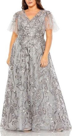Mac Duggal High Neck Flutter Sleeve Embellished A-Line Gown in Platinum at Nordstrom, Size 18W