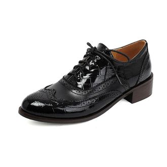 Generic Womens Lace Up Oxfords Shoes Low Block Heel Vintage Brogues Round Toe Office Dress Shoes,Black,10.5 UK