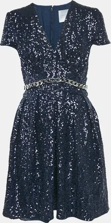 Ingie Paris Navy Blue Sequin V-Neck Mini Dress