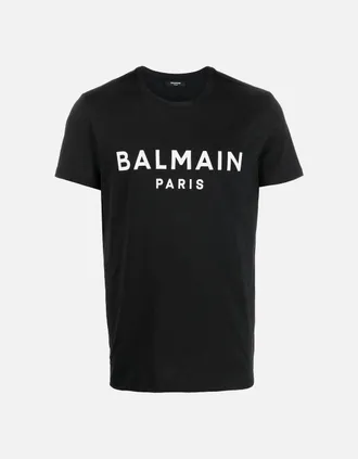 Balmain Mens Balmain Paris Print Logo Black T-shirt - Size: 36