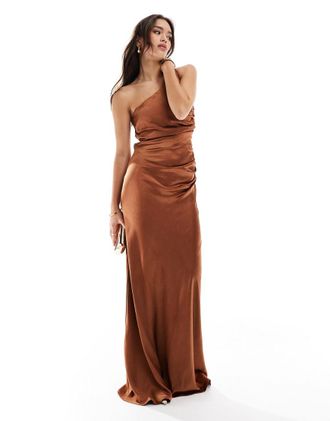 Six Stories Bridesmaid satin one shoulder maxi dress in rust-Brown