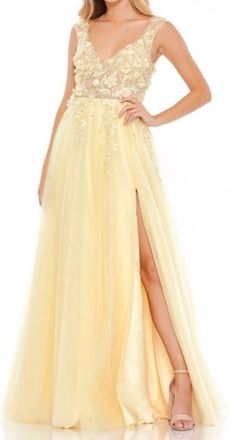 Mac Duggal Embellished Illusion Bustier A Line Gown In Yellow