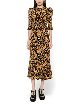 Rhode Resort Felix Midi Dress In Baroque Heart Floral Gold